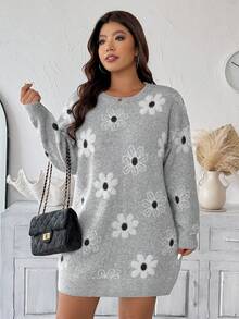 EMERY ROSE Plus Size Women Floral Pattern Round Neck Drop Shoulder Long Sleeve Knitted Dress Winter Fall Autumn - Grey - View 6
