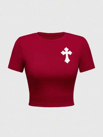 Grunge Punk T-shirt style casual de rue avec broderie croix pour femmes