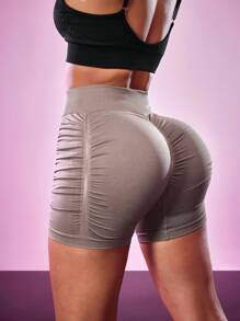 SHEIN Sports 女士户外瑜伽休闲纯色运动短裤 - 摩卡棕 - 查看 1