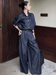 DAZY 女士短袖单排扣衬衫和阔腿牛仔裤休闲套装 - 藍色 - 查看 3