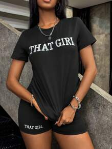 SHEIN Women's Summer Casual 2pcs/Set Letter Print Round Neck Short Sleeve T-Shirt And Shorts