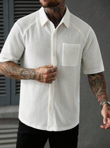 Manfinity Homme Men's Solid Color Pocket Short Sleeve Single-Breasted Casual Shirt - Beige - View 3