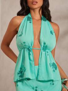 Hauture Top dos nu style haltère avec broderie de paillettes, sexy, pour les vacances d'été - Vert - Voir 2