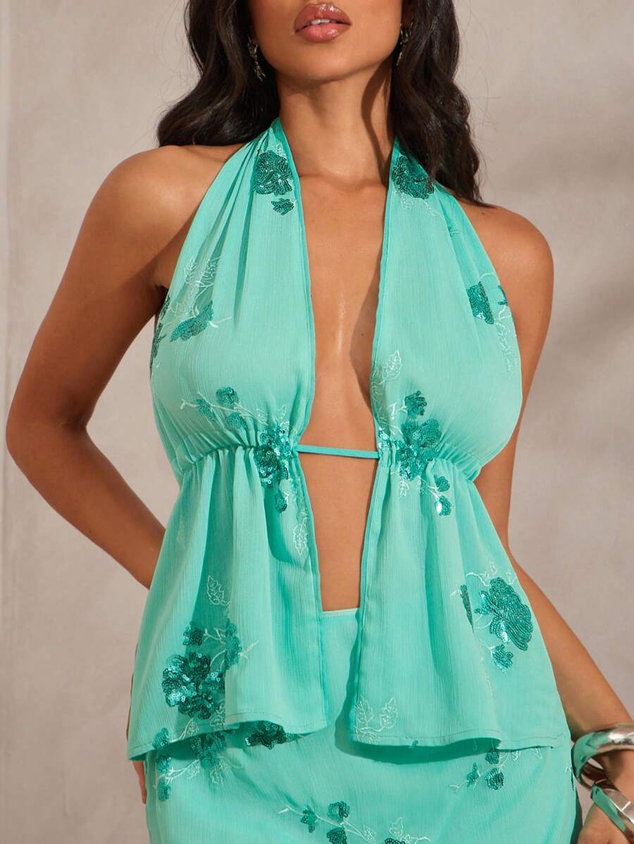 Hauture Top dos nu style haltère avec broderie de paillettes, sexy, pour les vacances d'été