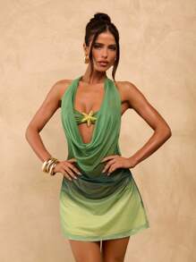 SHEIN BAE 女士性感度假沙滩装夏季装摇摆音乐节装领绿色渐变印花夏季西米裙 - 綠色 - 查看 6