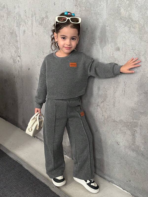 SHEIN 2pcs/Set Young Girls' & Toddler Girls' Casual Loose Drop Shoulder Applique Long Sleeve Sweatshirt And Pleated Long Pants Set, Suitable For Home, Outings, School, Gray