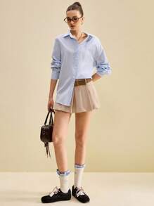 Muvela 2025 秋季新款休闲时尚百搭简约日常蓝色条纹 Y2K 乡村音乐复古街头休闲办公室约会派对郊游机场返校秋季女衬衫 - 彩色 - 查看 6