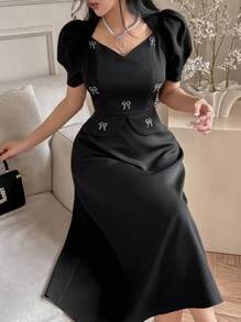 Modelyn 女士优雅水钻蝴蝶结装饰短裙 - 黑色 - 查看 5