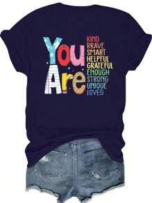 EMERY ROSE 大码女式夏季口号印花圆领短袖休闲百搭T恤