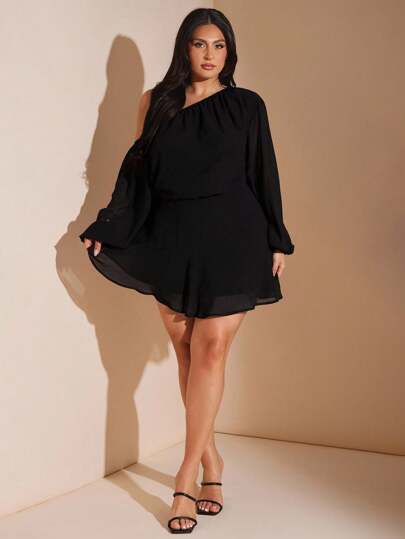 SHEIN BAE Vestido corto mini de manga farol holgado con cuello asimétrico de gasa negra sólida para mujer de talla grande, vestido de gasa para vacaciones, ropa de mujer para otoño, ropa escolar, ropa Y2K, atuendos de campo para mujer, ropa vintage para mujer, atuendos de festival para mujer, vestido de invitada de boda para curvas, atuendos de verano para mujer, vestidos formales para mujer, atuendos de cumpleaños para mujer, vestido negro