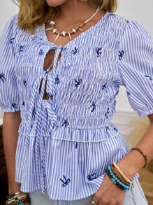 SHEIN LUNE بلوزة قصيرة الأكمام مع كشكش في الأطراف مطبوعة بشريط منسوج وسحاب، مناسبة للارتداء اليومي والخارجي والإجازات والريف - متعدد الألوان - مشاهدة 4