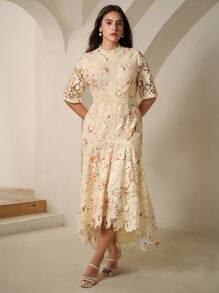 Anewsta Đầm đuôi cá tay ngắn in hoa cỡ lớn có thể hòa tan trong nước, ren, trang phục Maxi dành cho nữ - Màu vàng - Xem 6