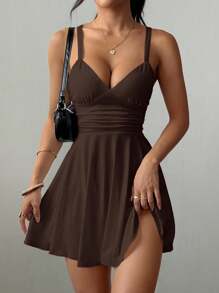 Zielony Women's V-Neck Ruched Waist A-Line Sexy Elegant Camisole Mini Dress Dark Brown Dress Chocolate Brown Dress