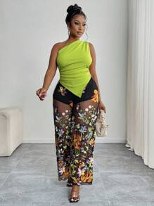 SHEIN PETITE CURVE Plus Size Casual Solid Color Asymmetric Neck And Hem Sleeveless Top - Green - View 6