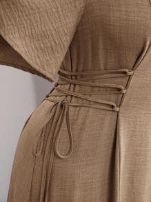 Modelyn Vestido elegante de talla grande para mujer de unicolor, con botones, media pechera, manga corta y cintura con lazo