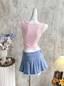 Attitoon 女士毛边褶皱牛仔A字中长裙，夏季休闲街头风超低腰褶皱牛仔裙，做旧复古水洗工艺，饰有装饰链条，Y2K风格裙装，返校季，乡村音乐会，生日，可爱夏日裙装，颓废风裙装，锐舞派对，趣味裙装，机场，夏威夷，街头女装，Y2K女装，裙子，复古女装，辣妹风裙装，牛仔风 - 淺色水洗藍 - 查看 6