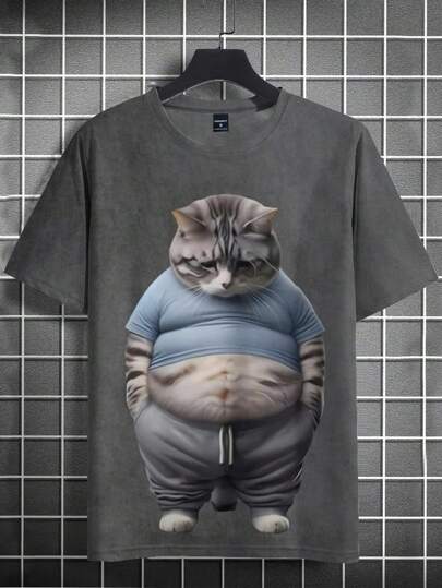 Manfinity Dauomo Men's Cartoon Cat Print Casual Short Sleeve T-Shirt, Summer