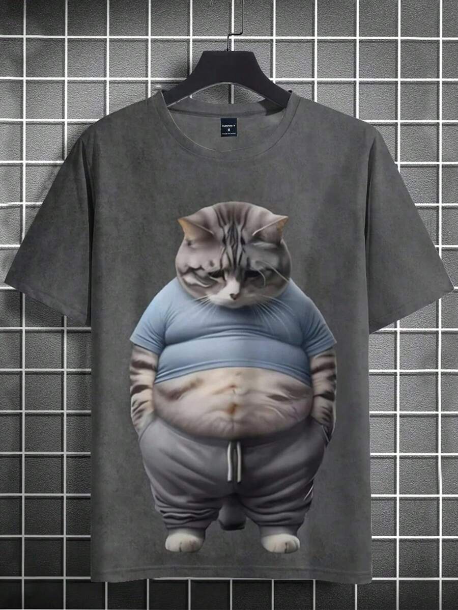 Manfinity Dauomo Men's Cartoon Cat Print Casual Short Sleeve T-Shirt, Summer - Grey - View 1