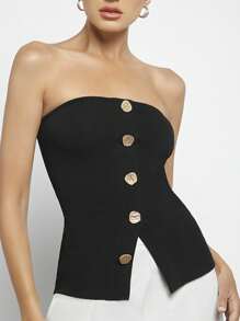 Maija 女士金属色块纽扣装饰前开衩下摆吊带背心，黑色