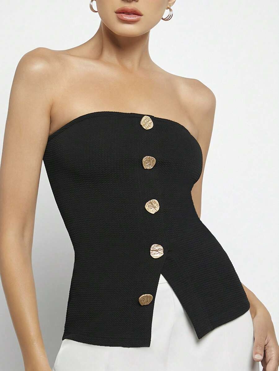 Maija 女士金属色块纽扣装饰前开衩下摆吊带背心，黑色