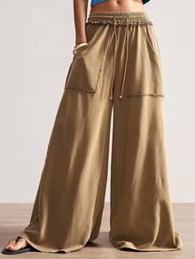 Bohemela 休闲针织雪洗纯色拼接宽松阔腿水洗女裤，秋季款