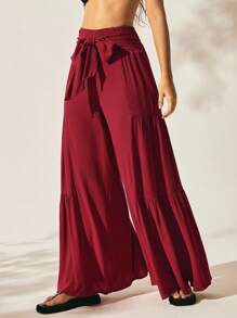 Easelle Boho Women's Clothing Casual Retro Boho Bowknot Wide Leg Pleated Loose And Comfortable Women Long Pants - Red - View 6