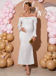 Loomaby Pregnant Women's Solid Color Off-Shoulder Tied Front Flare Sleeve Fishtail Hem Elegant Dress,Gender Reveal Dress,Maternity Dress,Baby Shower Dress