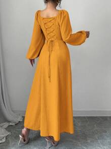 Modelyn Women's Elegant Long Dress With Square Neck, Lantern Sleeves, Pleats, And Back Tie, Solid Color, For Autumn Maxi Women Outfit Long Evening Dresses