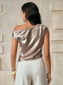 Arave Damen Satin Metall Dekorative Accessoires Plissee asymmetrische Schultern Schräger Kragen Design Tägliche Pendler Exquisite Retro Mode Elegante Vintage Kleidung Frauen Reise Flughafen Top - Grün - Übersicht 10