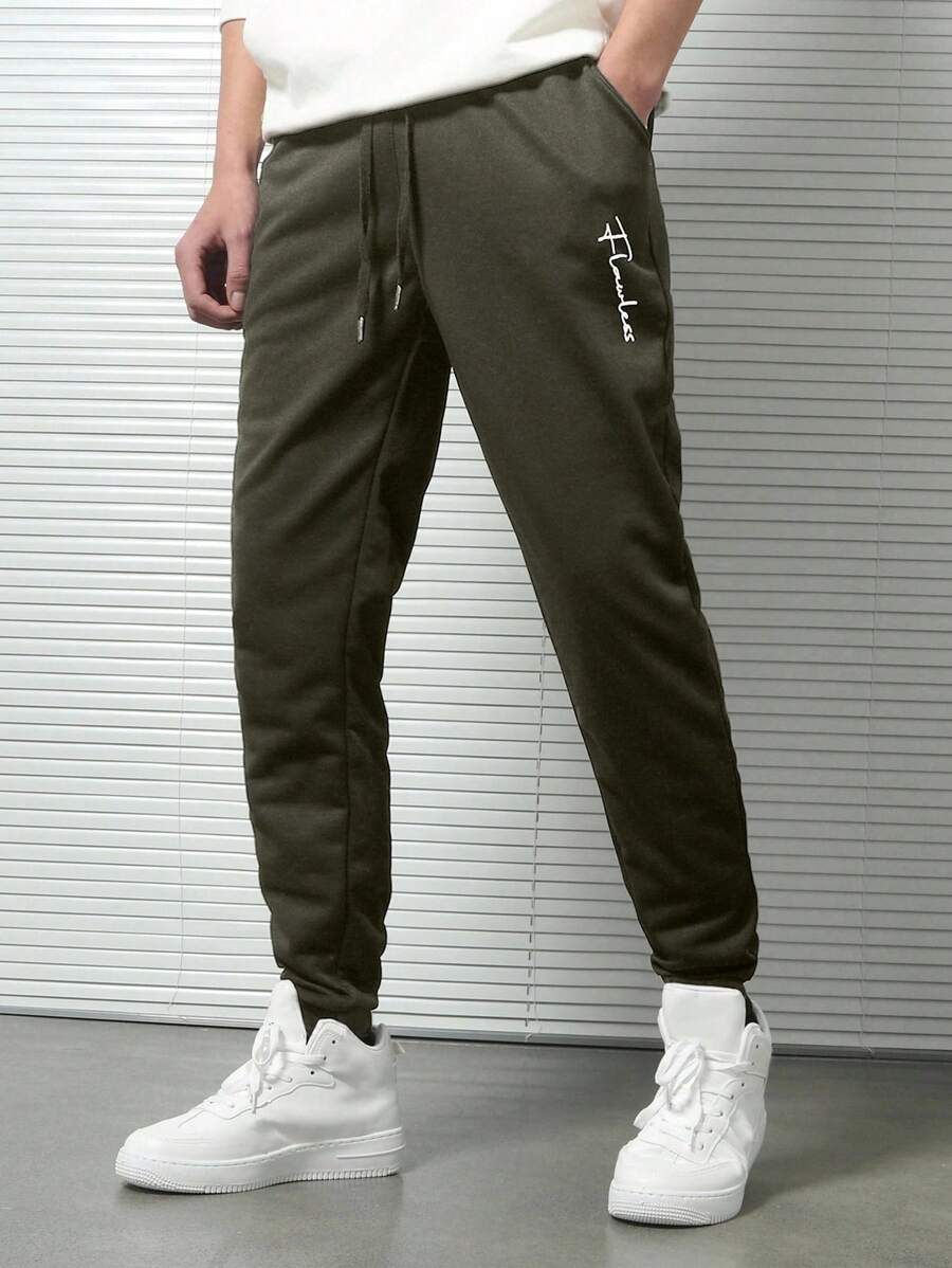 EURMUSE Cotton Men Letter Graphic Drawstring Waist Sweatpants - Army Green - View 1