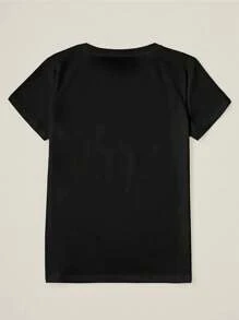 EMERY ROSE T-shirt col rond imprimé lettre et guitare, t-shirt casual à manches courtes pour le printemps et l'été, vêtements pour femmes - Noir - Voir 2