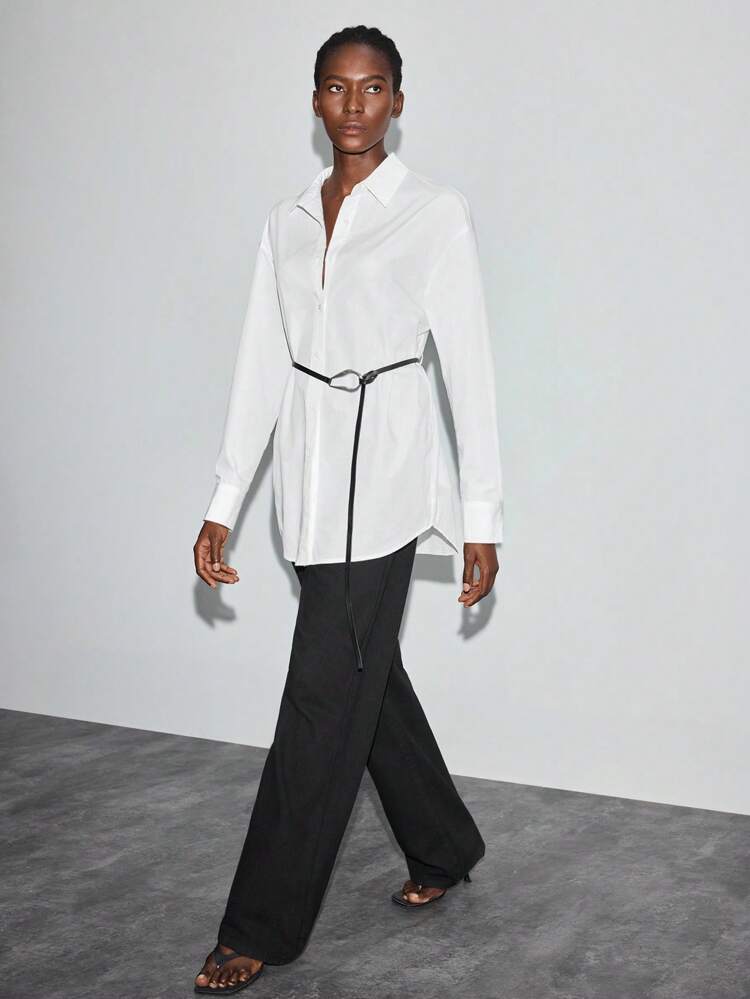 SHEIN Maija Camisa casual de oficina de un solo pecho con hombros caídos y unicolor para mujeres, camisa blanca sobredimensionada para el trabajo de las mujeres, ropa de mujer para otoño