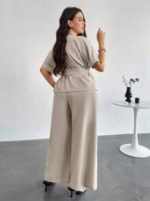 Firerie Plus Size Casual Solid Color Short Sleeve Top And Loose Pants 2 Pieces Set,Business Casual Woman