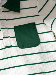 SHEIN 2pcs/Set Young Boy Summer Textured Striped Polo Collar Top And Cargo Pants Outfit - Dark Green - View 6