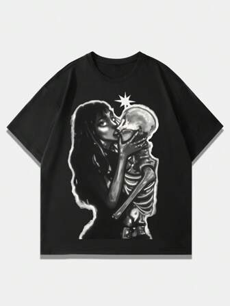 Grunge Punk Men's Casual Street Black Skeleton Figure Print Loose Fit T-Shirt, Summer, Halloween