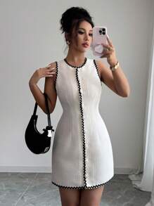 SHEIN LUNE Women's Elegant High Waist Sleeveless Short Tweed Dress