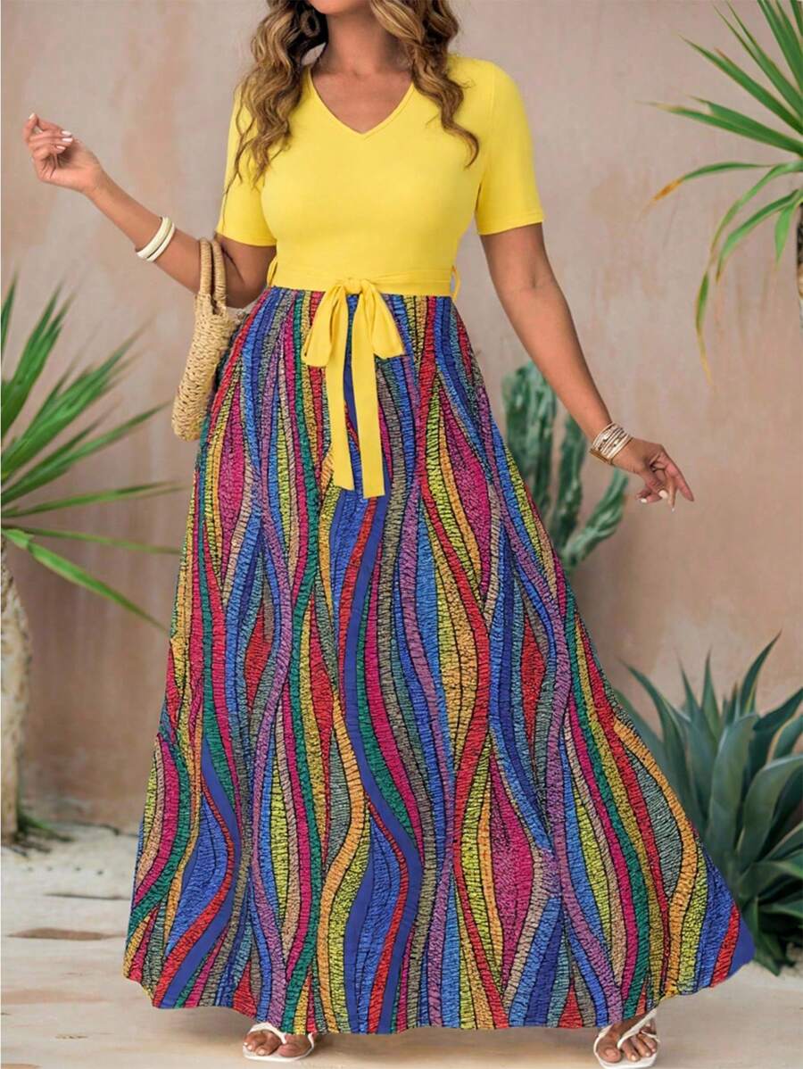 INAWLY Plus Size Women Colorful Striped Tied Waist Short Sleeve Casual Dress, Summer