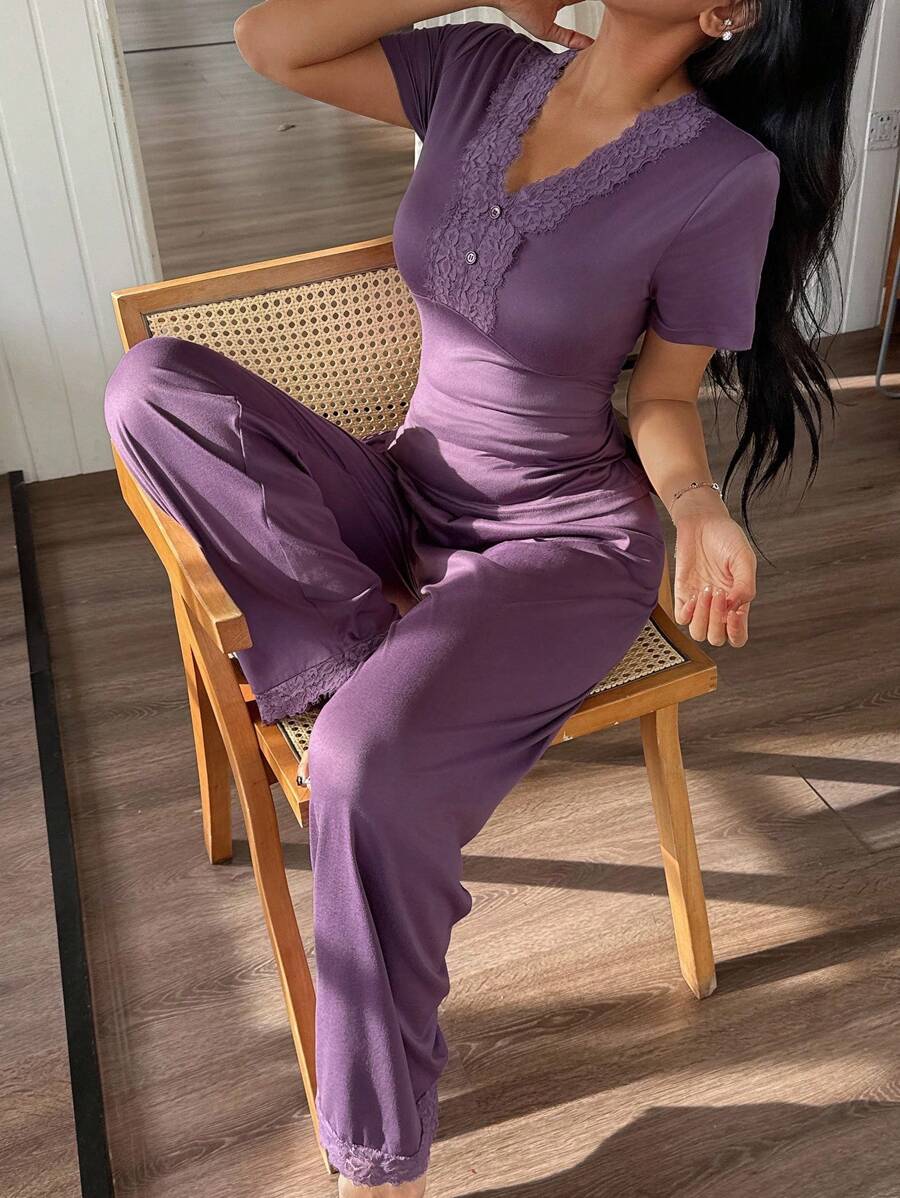 SHEIN 1 Bộ đồ ngủ tay ngắn cổ chữ V phối ren cho nữ - Màu tím - Xem 1