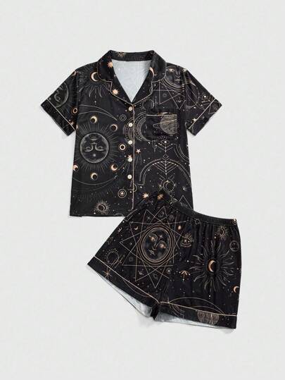 Goth Gothic Moon & Star Print Satin Shirt & Shorts Sleepwear Set