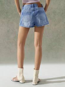 LYSMO 女士休闲宽松口袋牛仔短裤，百搭 - 淺色水洗藍 - 查看 2