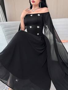 Modelyn Women's Elegant Slim Fit Waist Cutout Off-Shoulder Long Dress - Black - View 7