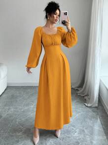 Modelyn Women's Elegant Long Dress With Square Neck, Lantern Sleeves, Pleats, And Back Tie, Solid Color, For Autumn Maxi Women Outfit Long Evening Dresses