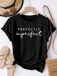 SHEIN LUNE 字母图案短袖T恤 PERFECTLY Imperfect 图案T恤 女式上衣 - 黑色 - 查看 1