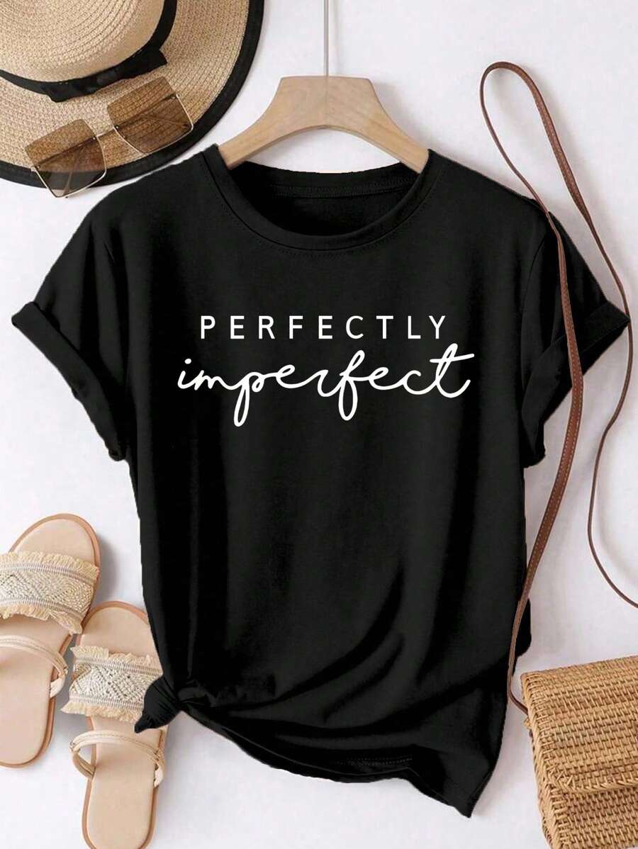 SHEIN LUNE 字母图案短袖T恤 PERFECTLY Imperfect 图案T恤 女式上衣 - 黑色 - 查看 1