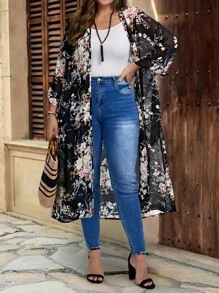 EMERY ROSE Plus Size Casual Loose Fit Sheer Cardigan Sweater, Plus Size Women Clothes,Versatile For Everyday Wear, Floral Kimono, Long Kimono, Plus Size Western Outfits Women,Suitable For Early Autumn,Going Out Outfits,Western Outfits ,Women Vacation Outfits,Early ,Fall Women Clothes,Fall Clothes For Women ,Spring - Black - View 3