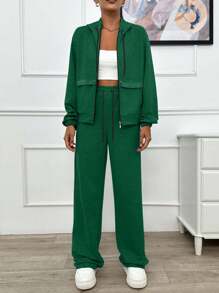 EURMUSE TWO PIECES TWO THREAD LIGHT GREY HOODIE SWEATSHIRT AND SWEATPANT WITH SPARKLE STONE DETAIL - Dark Green - View 6