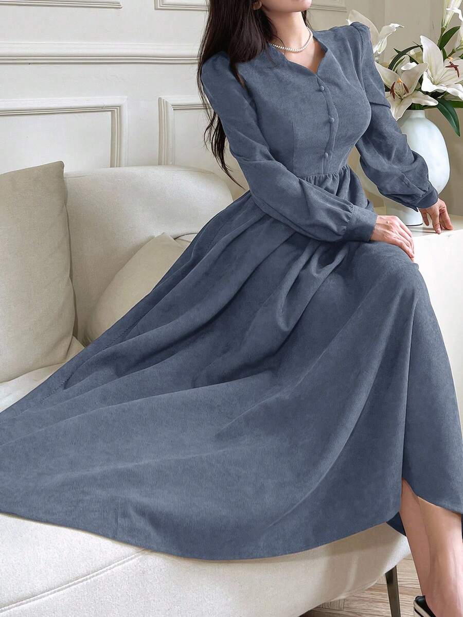 Feyla Women Elegant Solid Color Puff Sleeve Dress - Blue - View 1