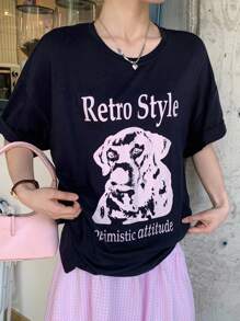 DAZY Camiseta de mujer suelta y casual de cuello redondo, manga corta, con estampado de perro, para calle, de verano, camiseta gráfica - Azul Marino - Ver 5