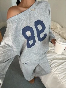 SHEIN 少女两件套宽松针织露肩数字印花卫衣和阔腿运动裤，休闲校园街头风格 - 灰色 - 查看 5