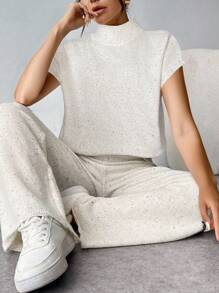 Firerie 两件套女士休闲家居服舒适简约优雅宽松立领短袖针织衫搭配高腰弹力裤，适合夏季、秋季和冬季穿着。 - 杏色 - 查看 4